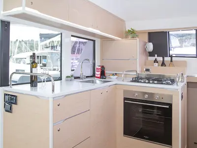 Galley of Kajsa Kavat, a Cervetti 44 catamaran at Primošten, Croatia