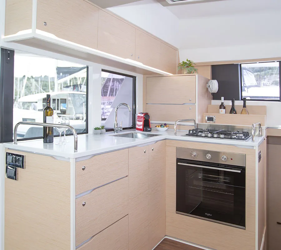 Galley of Kajsa Kavat, a Cervetti 44 catamaran at Primošten, Croatia