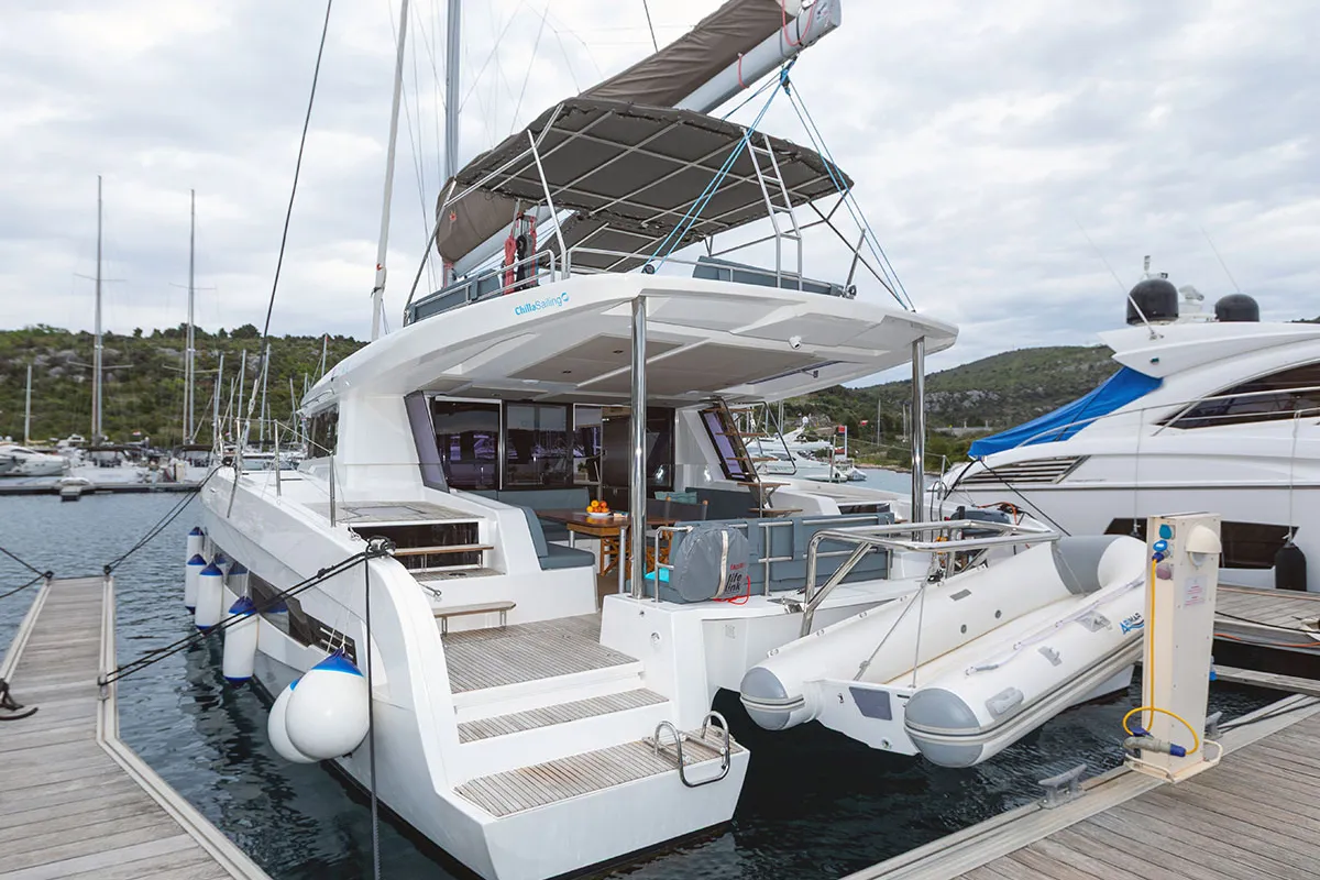Exterior view of Kajsa Kavat, a Cervetti 44 catamaran at Primošten, Croatia