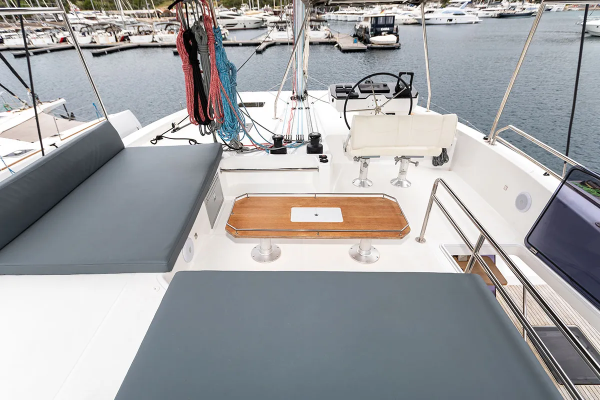 Deck of Kajsa Kavat, a Cervetti 44 catamaran at Primošten, Croatia