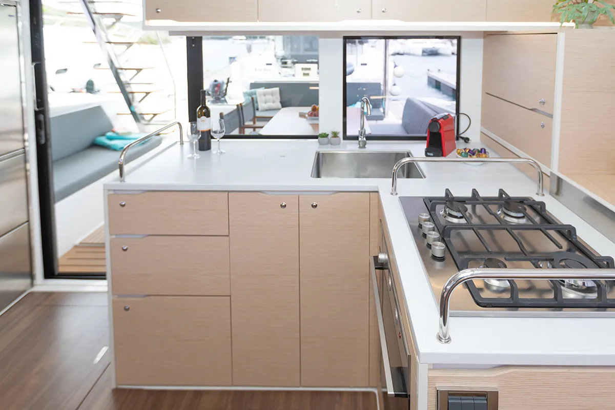 Galley of Kajsa Kavat, a Cervetti 44 catamaran at Primošten, Croatia