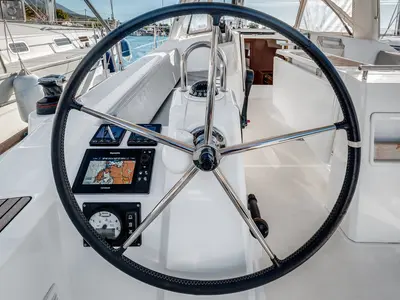 Cockpit of Harmonia, a Beneteau Oceanis 38.1 sailboat at Kontokali, Greece