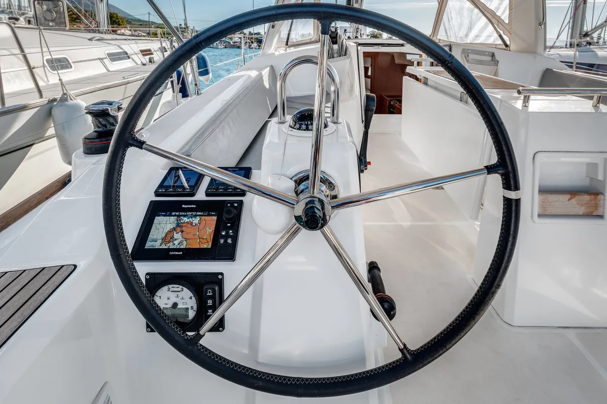 Cockpit of Harmonia, a Beneteau Oceanis 38.1 sailboat at Kontokali, Greece