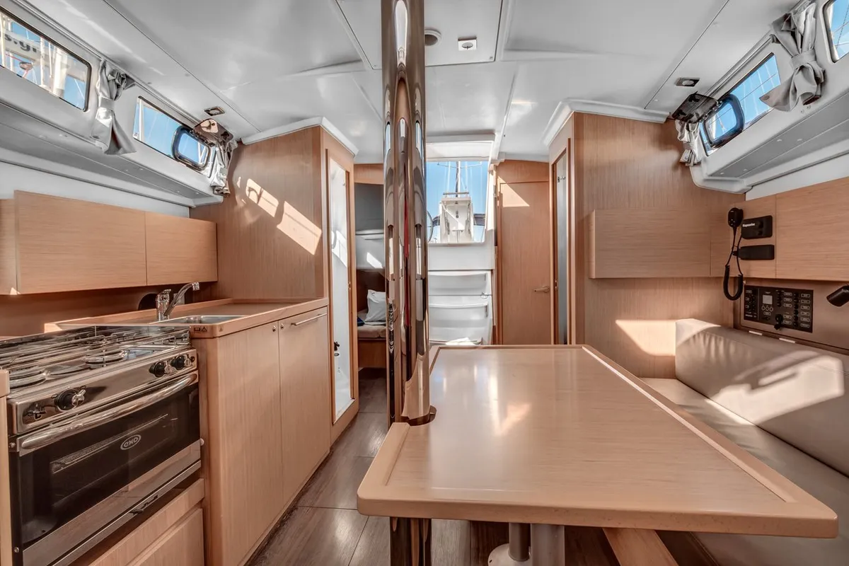 Galley of Harmonia, a Beneteau Oceanis 38.1 sailboat at Kontokali, Greece