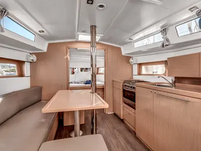 Salon of Harmonia, a Beneteau Oceanis 38.1 sailboat at Kontokali, Greece