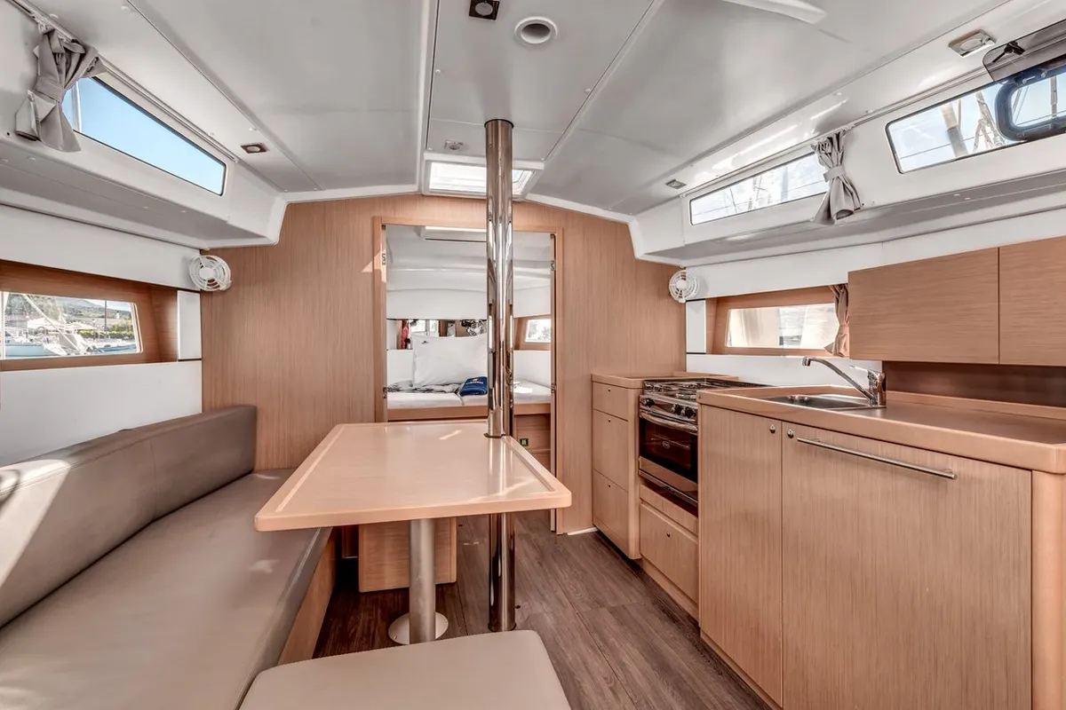 Salon of Harmonia, a Beneteau Oceanis 38.1 sailboat at Kontokali, Greece