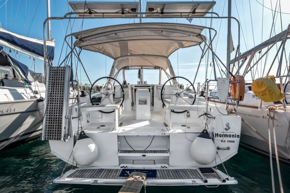 Deck of Harmonia, a Beneteau Oceanis 38.1 sailboat at Kontokali, Greece