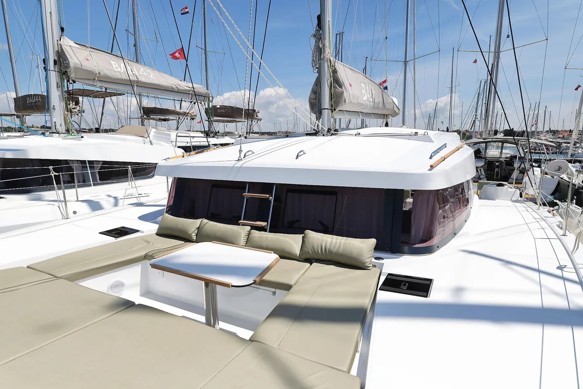 Deck of Aventurier, a Bali Catsmart catamaran at Grad Biograd na Moru, Croatia