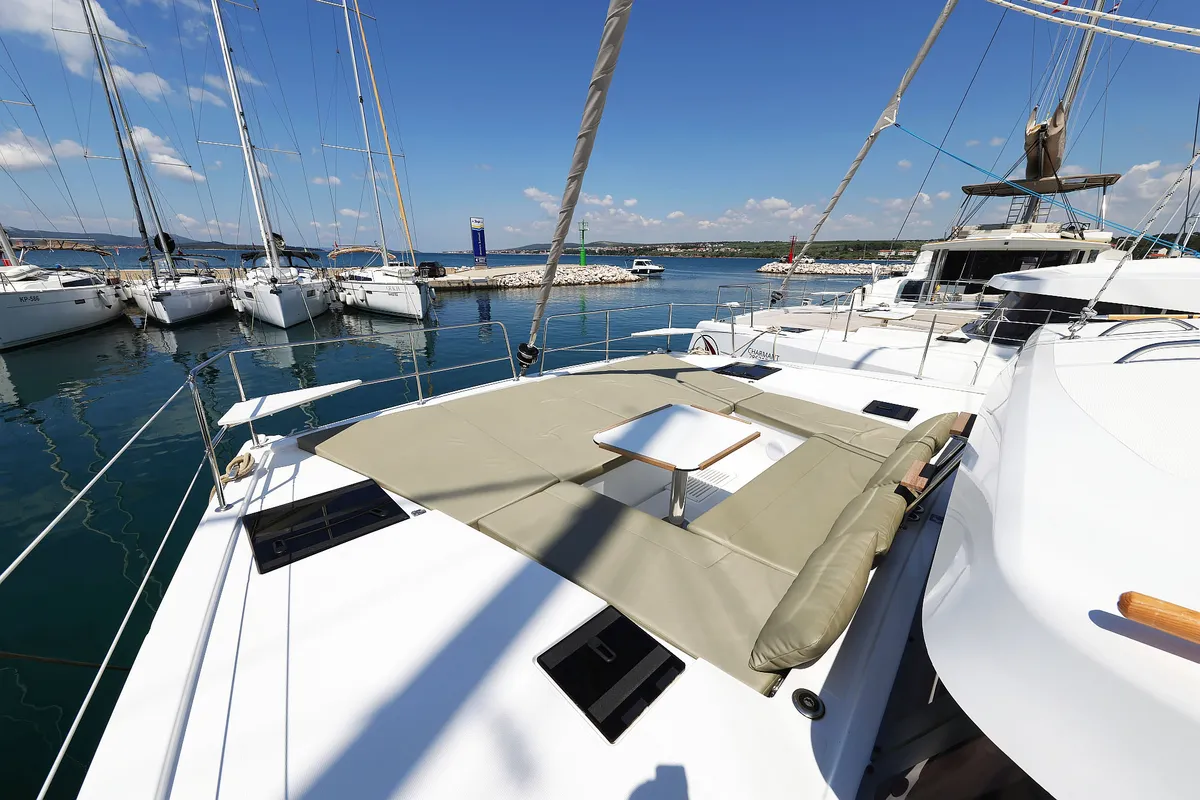 Deck of Aventurier, a Bali Catsmart catamaran at Grad Biograd na Moru, Croatia