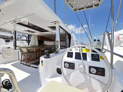 Cockpit of Aventurier, a Bali Catsmart catamaran at Grad Biograd na Moru, Croatia