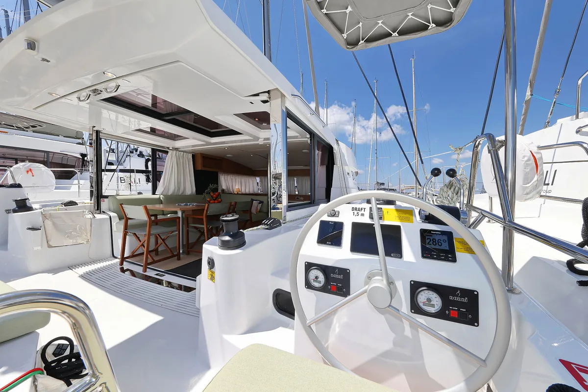 Cockpit of Aventurier, a Bali Catsmart catamaran at Grad Biograd na Moru, Croatia