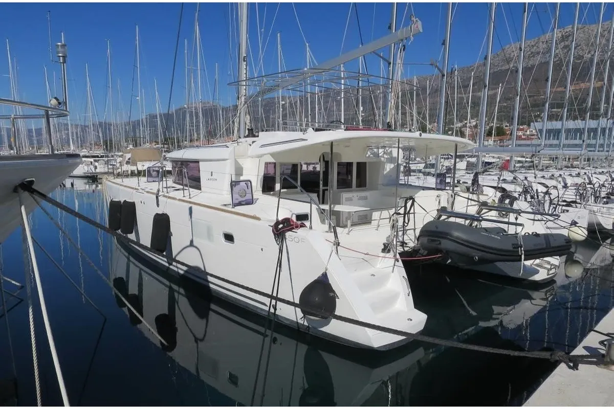 Exterior view of SILICIA, a Lagoon 450 Fly catamaran at Sukošan, Croatia