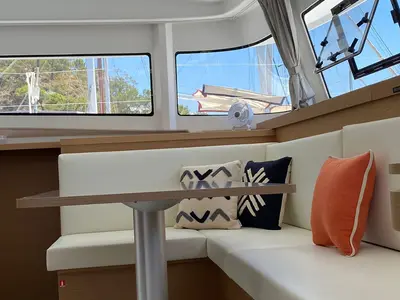 Salon of Carmelina, a Excess 11 catamaran at Fethiye, Turkey