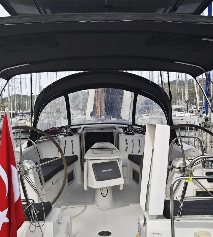 Cockpit of Violet, a Beneteau Oceanis 40 sailboat at Fethiye, Turkey