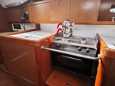 Galley of Violet, a Beneteau Oceanis 40 sailboat at Fethiye, Turkey