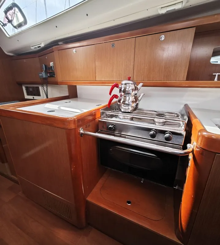 Galley of Violet, a Beneteau Oceanis 40 sailboat at Fethiye, Turkey