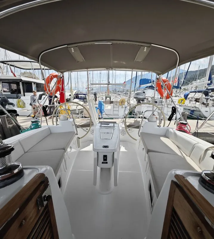Cockpit of Violet, a Beneteau Oceanis 40 sailboat at Fethiye, Turkey