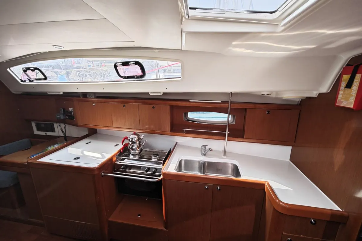 Galley of Violet, a Beneteau Oceanis 40 sailboat at Fethiye, Turkey