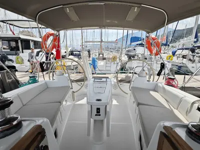 Cockpit of Violet, a Beneteau Oceanis 40 sailboat at Fethiye, Turkey
