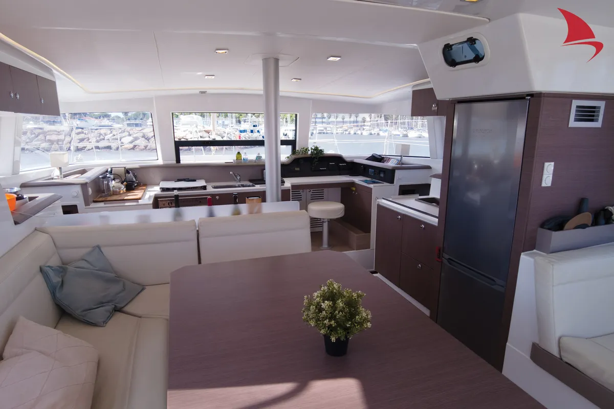 Salon of Jane, a Bali 4.1 catamaran at Hyères, France