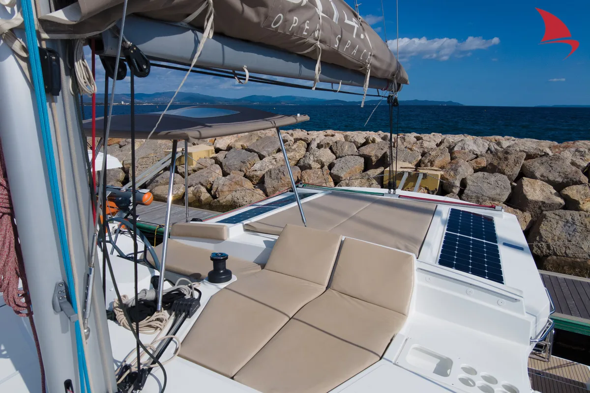 Deck of Jane, a Bali 4.1 catamaran at Hyères, France