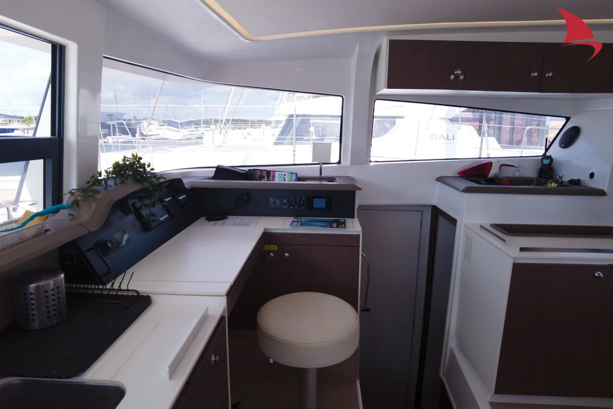 Cockpit of Jane, a Bali 4.1 catamaran at Hyères, France