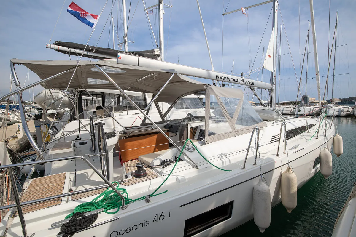 Exterior view of Pura Vida, a Beneteau Oceanis 46.1 sailboat at Općina Medulin, Croatia
