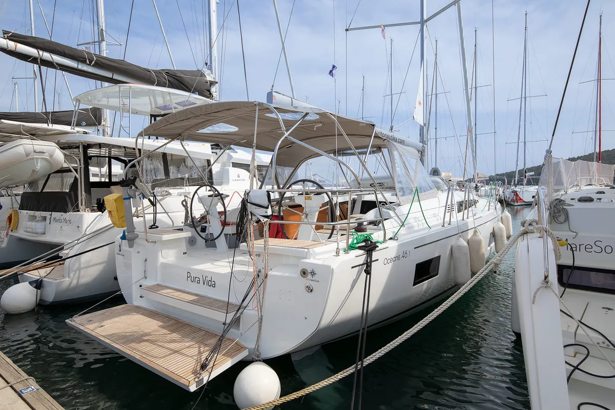 Exterior view of Pura Vida, a Beneteau Oceanis 46.1 sailboat at Općina Medulin, Croatia