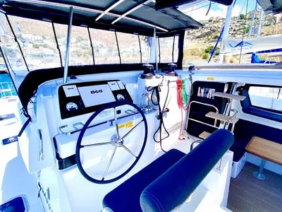 Cockpit of Melina, a Lagoon 42 catamaran at Pallini Municipal Unit, Greece