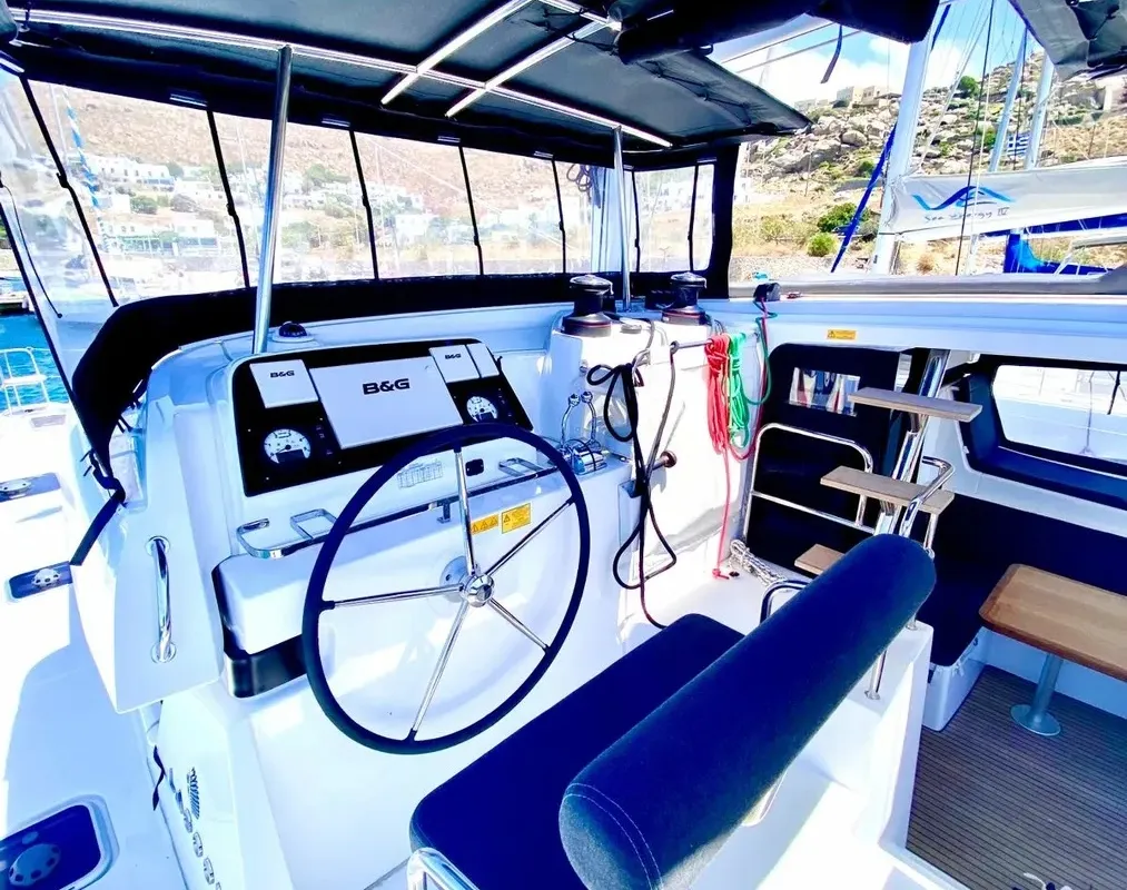 Cockpit of Melina, a Lagoon 42 catamaran at Pallini Municipal Unit, Greece