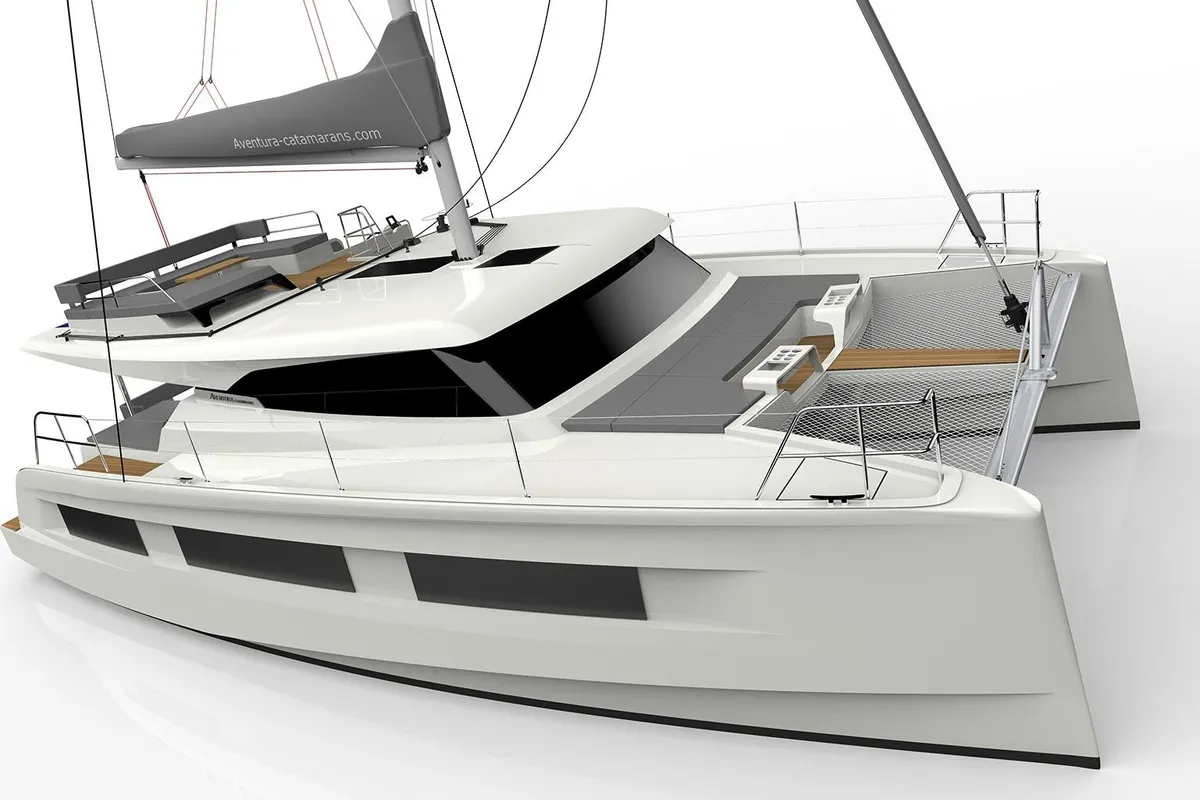 Exterior view of Le Villi, a Aventura 45 catamaran at Sant Antoni de Portmany, Spain