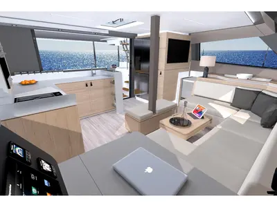 Salon of Le Villi, a Aventura 45 catamaran at Sant Antoni de Portmany, Spain
