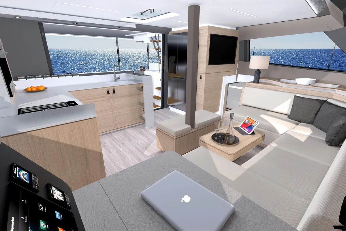 Salon of Le Villi, a Aventura 45 catamaran at Sant Antoni de Portmany, Spain