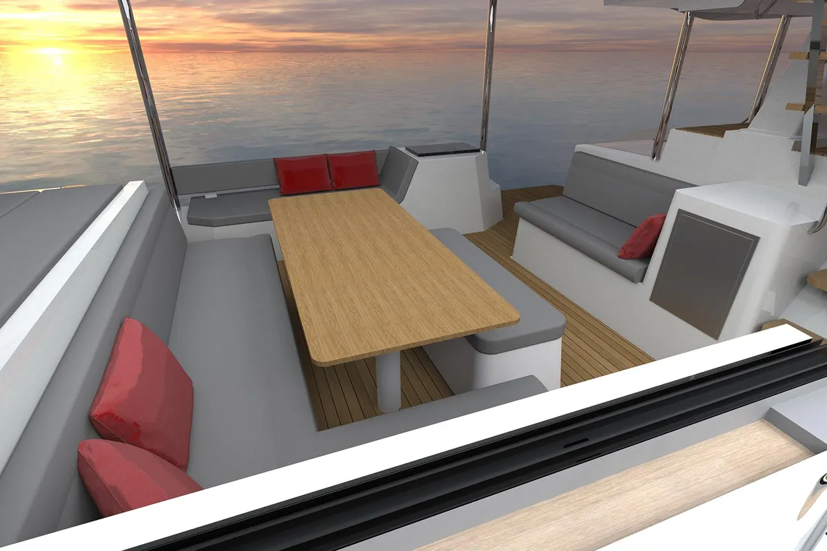 Deck of Le Villi, a Aventura 45 catamaran at Sant Antoni de Portmany, Spain
