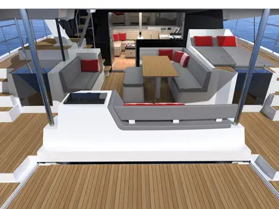 Deck of Le Villi, a Aventura 45 catamaran at Sant Antoni de Portmany, Spain