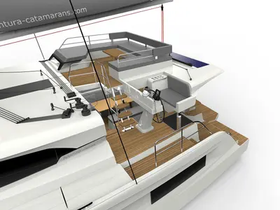 Cockpit of Le Villi, a Aventura 45 catamaran at Sant Antoni de Portmany, Spain