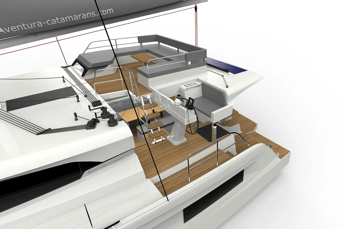 Cockpit of Le Villi, a Aventura 45 catamaran at Sant Antoni de Portmany, Spain