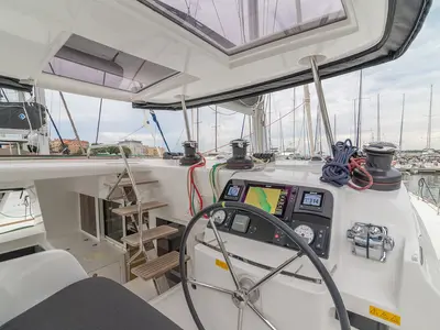 Cockpit of Michelangelo, a Lagoon 450 S catamaran at Zadar, Croatia