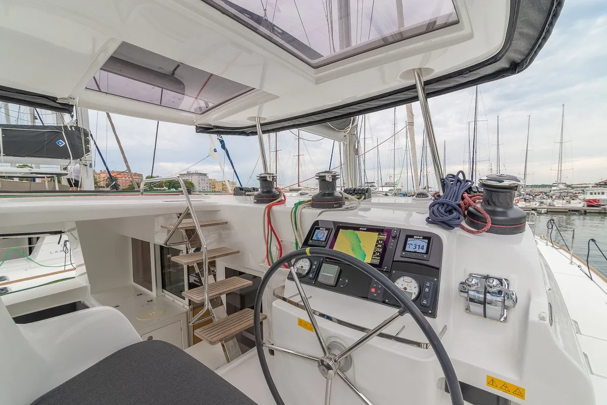 Cockpit of Michelangelo, a Lagoon 450 S catamaran at Zadar, Croatia