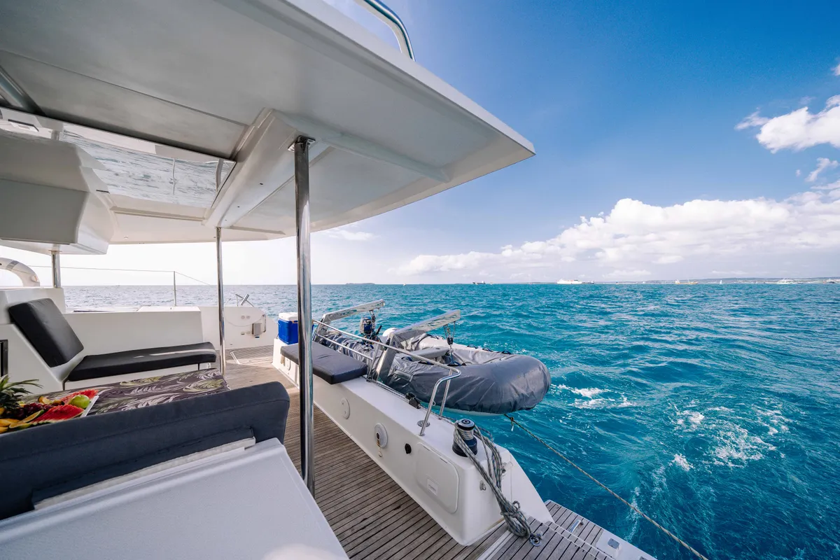 Deck of Knyps, a Fountaine Pajot Helia 44 - 4 + 2 cab. catamaran at Azam Marina, Tanzania