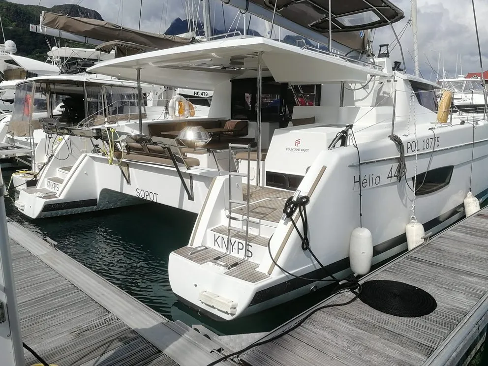 Exterior view of Knyps, a Fountaine Pajot Helia 44 - 4 + 2 cab. catamaran at Azam Marina, Tanzania