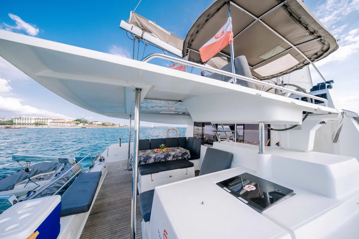 Deck of Knyps, a Fountaine Pajot Helia 44 - 4 + 2 cab. catamaran at Azam Marina, Tanzania