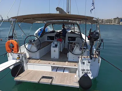 Cockpit of Evnia, a Jeanneau Sun Odyssey 410 sailboat at Volos, Greece