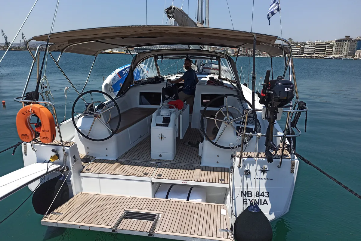 Cockpit of Evnia, a Jeanneau Sun Odyssey 410 sailboat at Volos, Greece