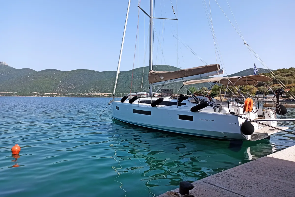 Exterior view of Evnia, a Jeanneau Sun Odyssey 410 sailboat at Volos, Greece