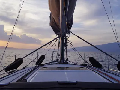 Deck of Evnia, a Jeanneau Sun Odyssey 410 sailboat at Volos, Greece