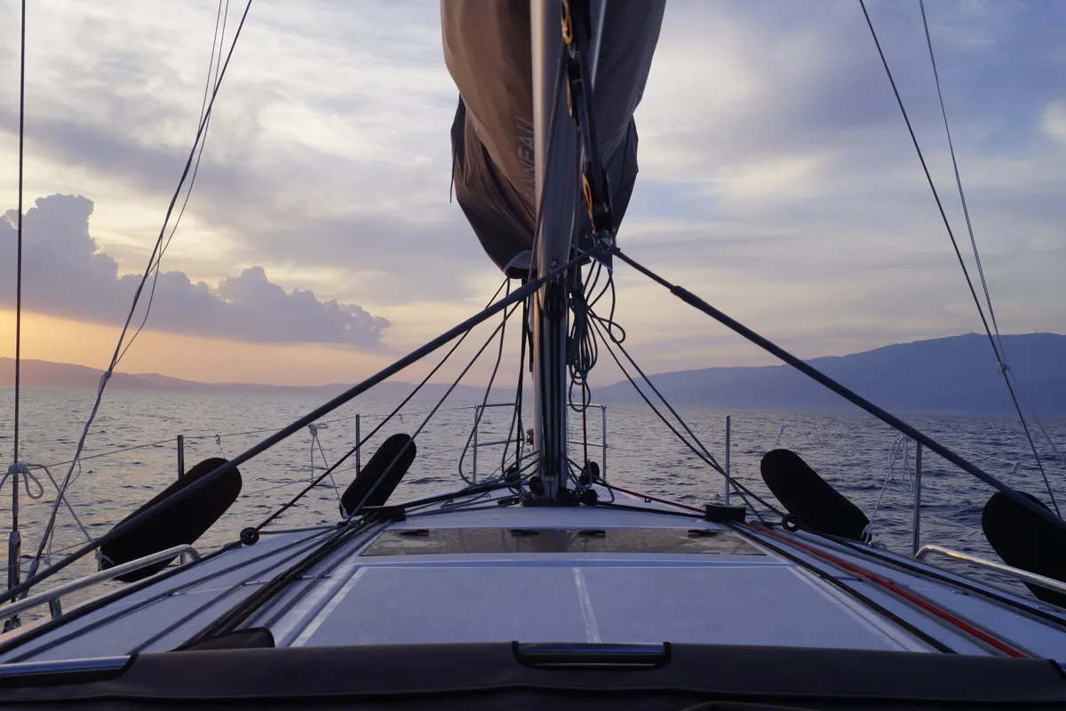 Deck of Evnia, a Jeanneau Sun Odyssey 410 sailboat at Volos, Greece