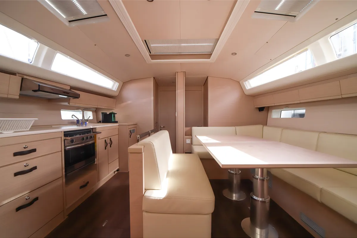 Salon of Eleutheria, a Jeanneau 54 sailboat at Olbia, Italy