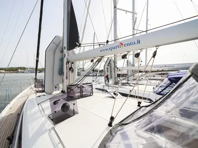 Deck of Eleutheria, a Jeanneau 54 sailboat at Olbia, Italy