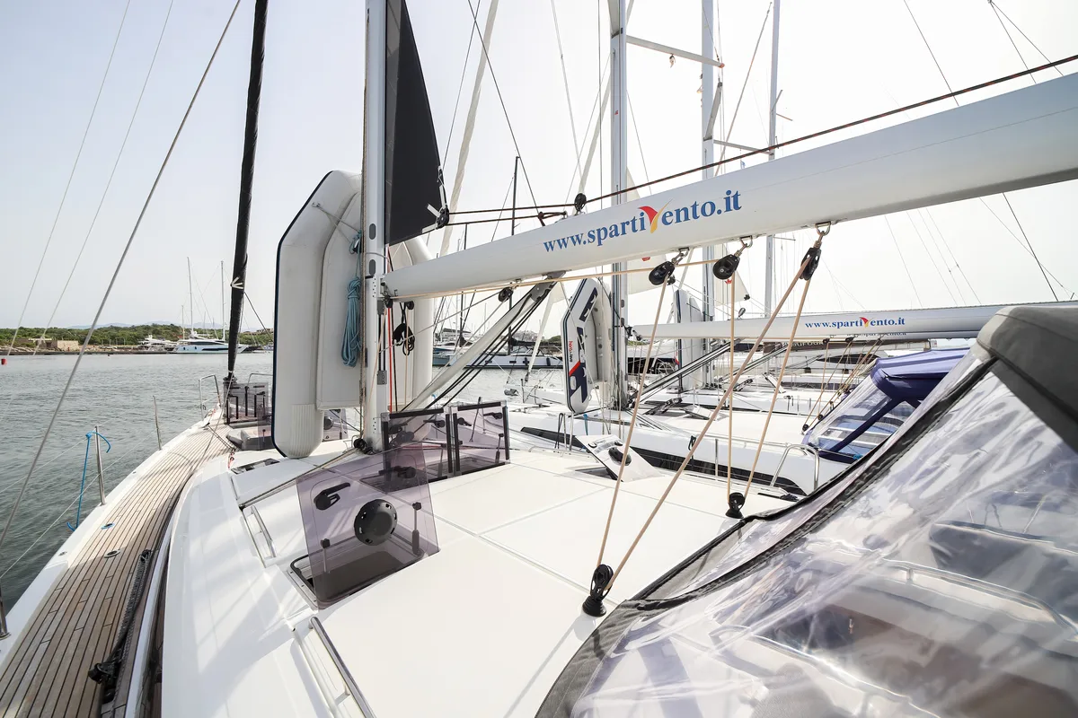Deck of Eleutheria, a Jeanneau 54 sailboat at Olbia, Italy